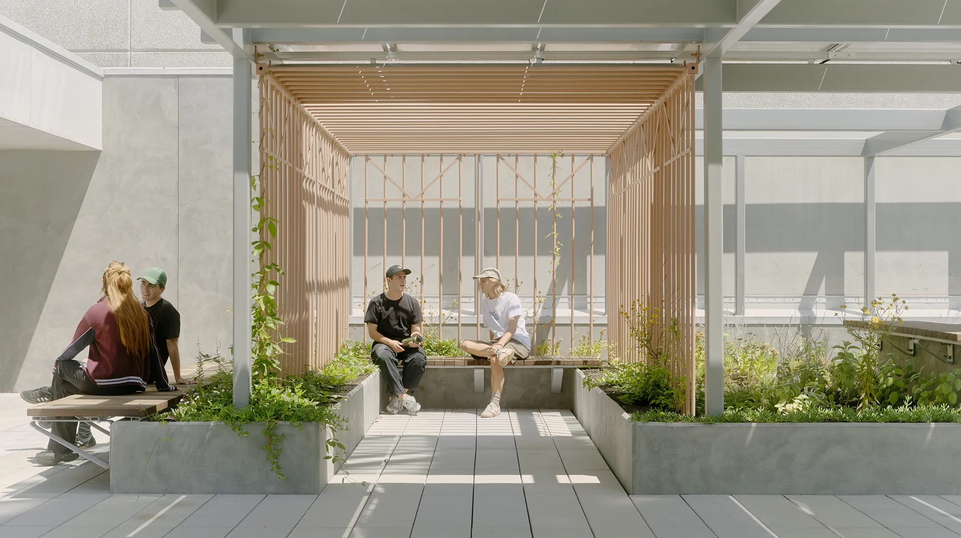 Rooftop garden with seating, planted garden beds, and shaded areas for students to gather and relax.