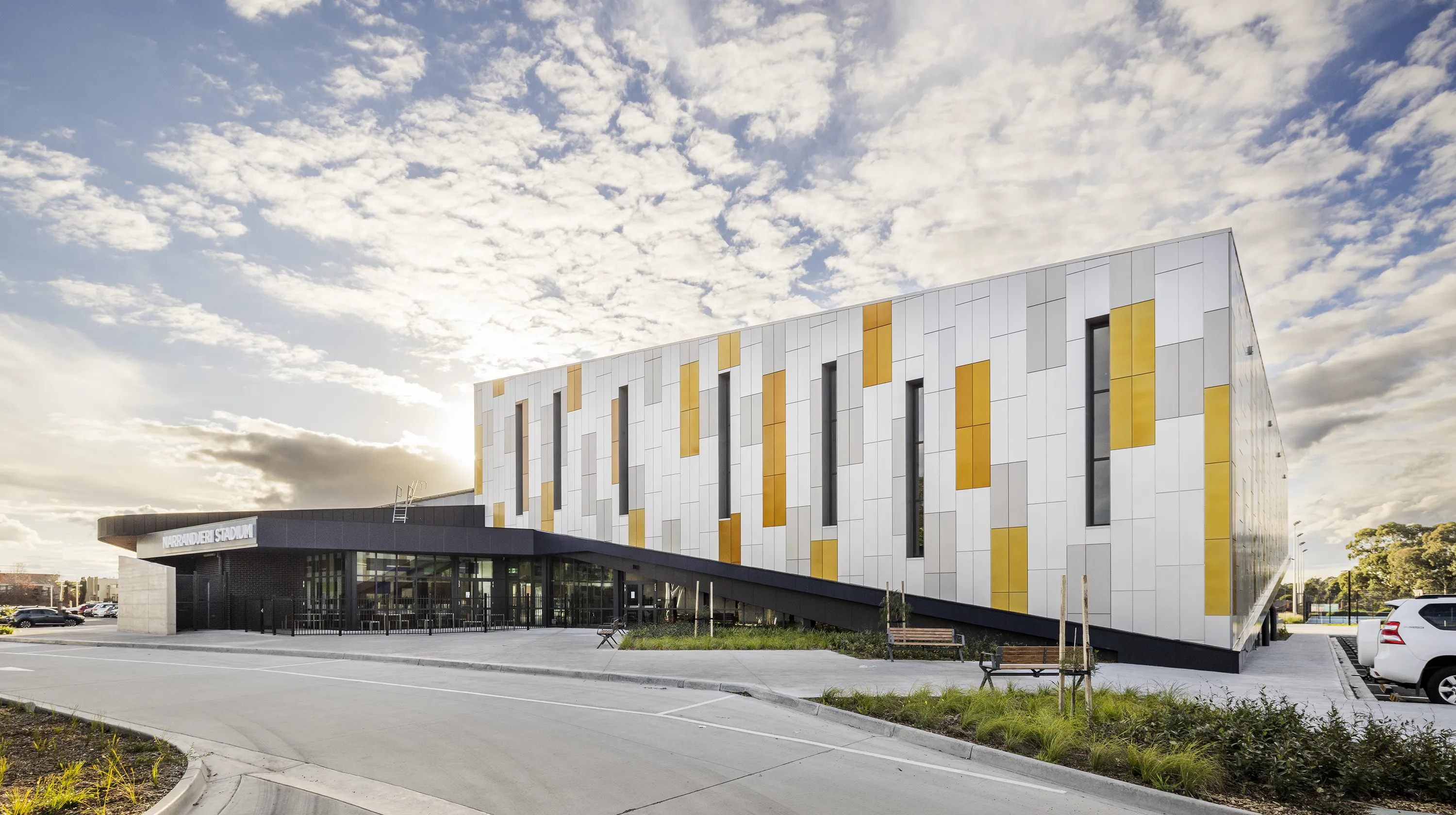 Narrandjeri Stadium featuring a modern sports and community facility, landscaped surrounds, and a welcoming main entrance.