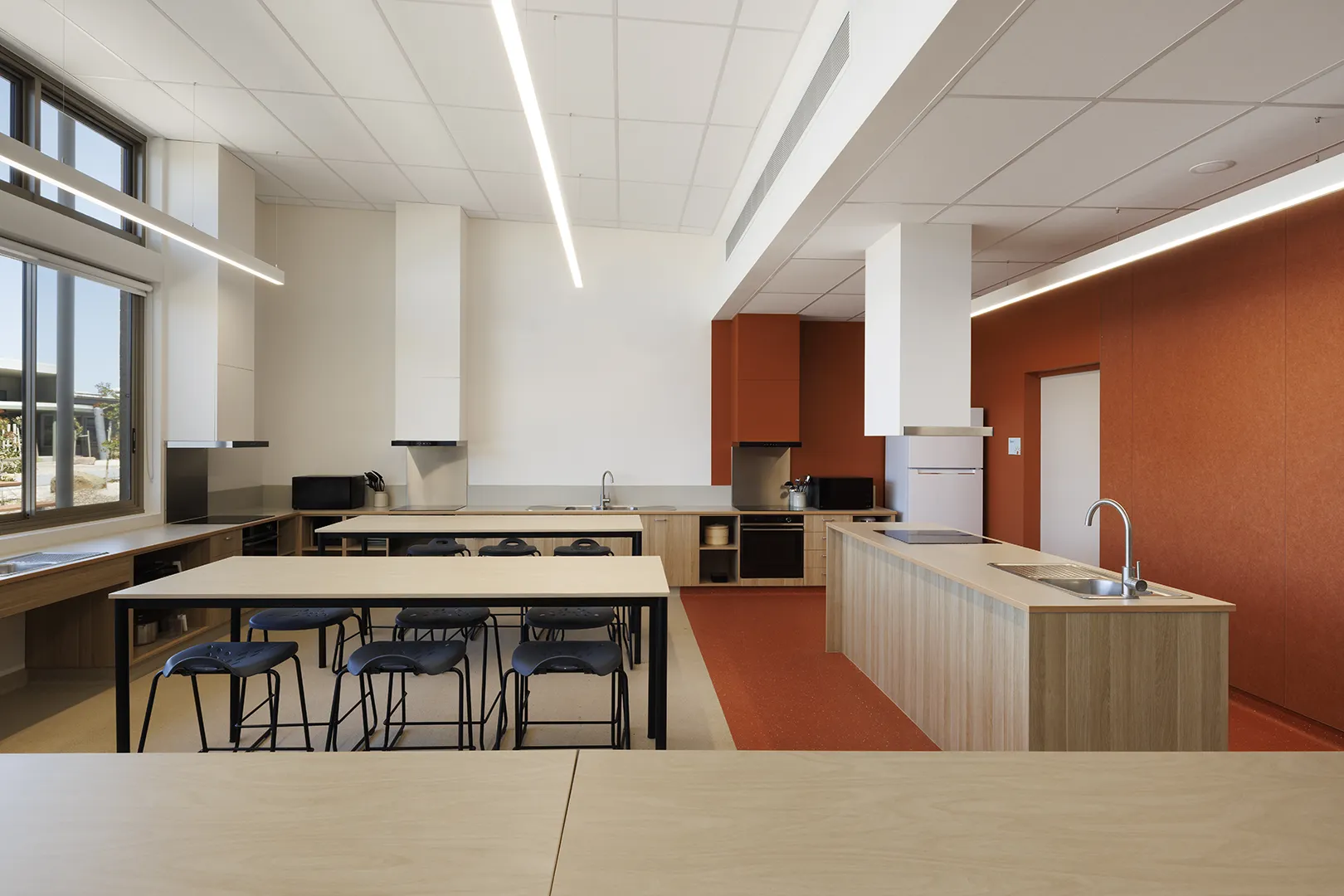 Practical learning space with workstations, sinks, and tables for group activities and hands-on learning.