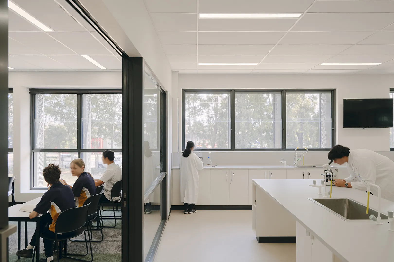 Students working in a science laboratory with practical workstations, sinks, and spaces for experiments and hands-on learning.